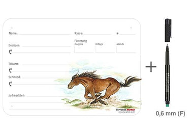 Boxenschild / Stalltafel Mustang 300 x 210 mm ohne Abstammung mit Fütterung, Tierarzt und Schmied