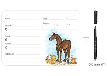Boxenschild / Stalltafel Oldenburger 300 x 210 mm ohne Abstammung mit Fütterung, Tierarzt und Schmied