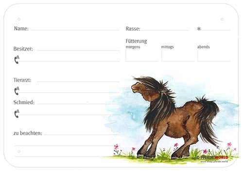 Boxenschild / Stalltafel Pony 300 x 210 mm ohne Abstammung mit Fütterung, Tierarzt und Schmied