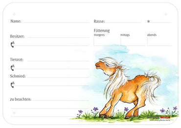 Boxenschild / Stalltafel Pony 300 x 210 mm ohne Abstammung mit Fütterung, Tierarzt und Schmied