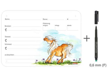 Boxenschild / Stalltafel Pony 300 x 210 mm ohne Abstammung mit Fütterung, Tierarzt und Schmied