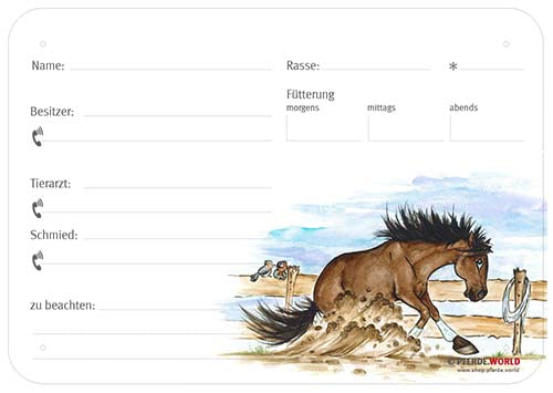 Boxenschild / Stalltafel Quarter Horse Sliding Stopp 300 x 210 mm ohne Abstammung, mit Fütterung, Tierarzt und Schmied
