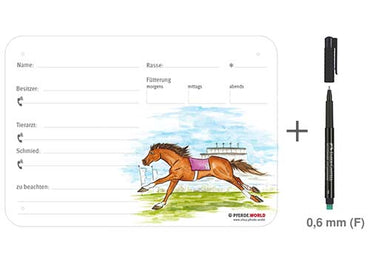 Boxenschild / Stalltafel Galopper 300 x 210 mm ohne Abstammung mit Fütterung, Tierarzt und Schmied