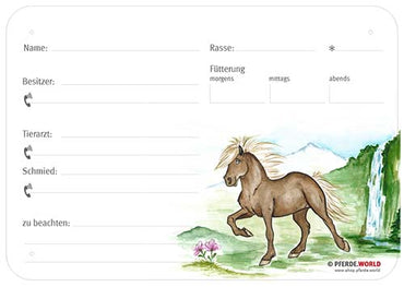 Boxenschild / Stalltafel Isländer 300 x 210 mm ohne Abstammung mit Fütterung, Tierarzt und Schmied