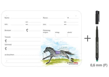 Boxenschild / Stalltafel Galopper 300 x 210 mm mit Abstammung mit Fütterung, Tierarzt und Schmied