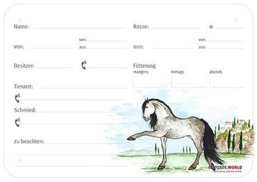 Boxenschild / Stalltafel Andalusier - PRE 300 x 210 mm mit Abstammung, Fütterung, Tierarzt und Schmied