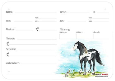 Boxenschild / Stalltafel Reitpony 300 x 210 mm mit Abstammung, Fütterung, Tierarzt und Schmied