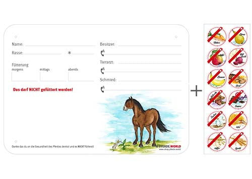 Boxenschild / Stalltafel mit Aufklebern für Fütterungsverbote Reitpony