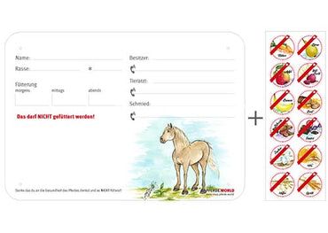 Boxenschild / Stalltafel mit Aufklebern für Fütterungsverbote Reitpony