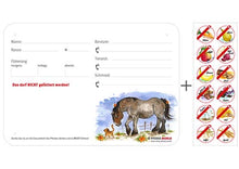 Laden Sie das Bild in den Galerie-Viewer, Boxenschild / Stalltafel mit Aufklebern für Fütterungsverbote Kaltblut