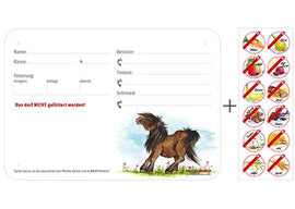 Boxenschild / Stalltafel mit Aufklebern für Fütterungsverbote Pony