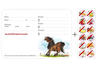 Boxenschild / Stalltafel mit Aufklebern für Fütterungsverbote Pony