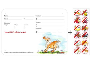 Boxenschild / Stalltafel mit Aufklebern für Fütterungsverbote Pony