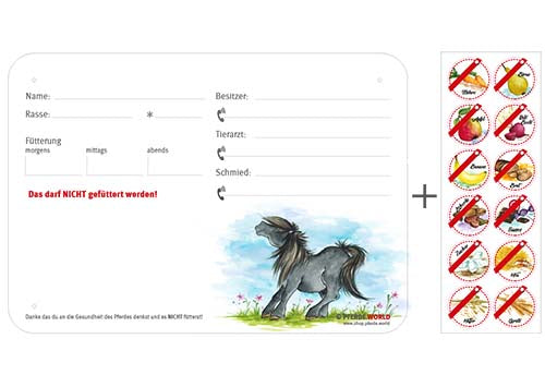 Boxenschild / Stalltafel mit Aufklebern für Fütterungsverbote Pony