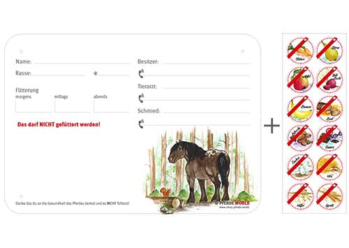 Boxenschild / Stalltafel mit Aufklebern für Fütterungsverbote Noriker Waldmotiv