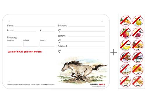 Boxenschild / Stalltafel mit Aufklebern für Fütterungsverbote Mustang