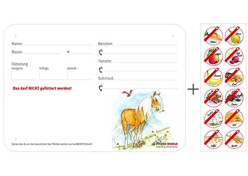 Boxenschild / Stalltafel mit Aufklebern für Fütterungsverbote Haflinger