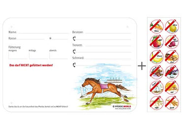 Boxenschild / Stalltafel mit Aufklebern für Fütterungsverbote Galopper