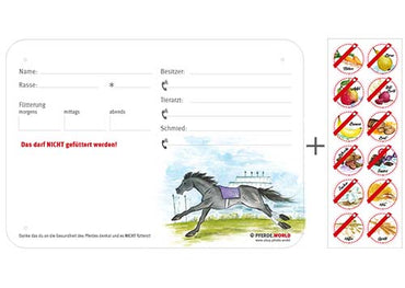 Boxenschild / Stalltafel mit Aufklebern für Fütterungsverbote Galopper