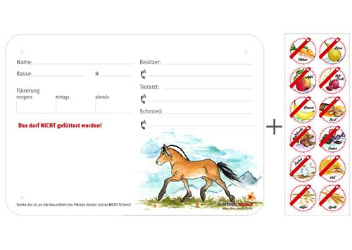 Boxenschild / Stalltafel mit Aufklebern für Fütterungsverbote Fjordpferd