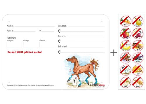 Boxenschild / Stalltafel mit Aufklebern für Fütterungsverbote Dressurpferd