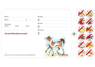 Boxenschild / Stalltafel mit Aufklebern für Fütterungsverbote Dressurpferd