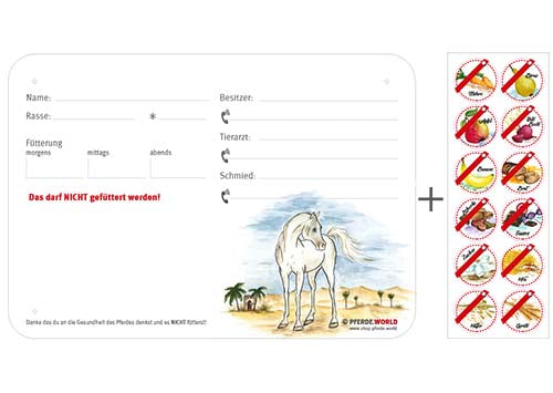 Boxenschild / Stalltafel mit Aufklebern für Fütterungsverbote Araber