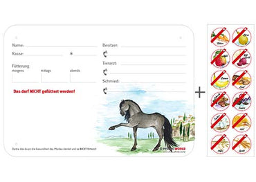 Boxenschild / Stalltafel mit Aufklebern für Fütterungsverbote Andalusier / PRE