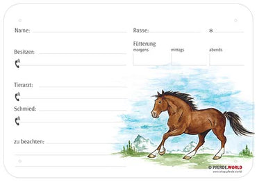 Boxenschild / Stalltafel Freiberger 300 x 210 mm ohne Abstammung mit Fütterung, Tierarzt und Schmied