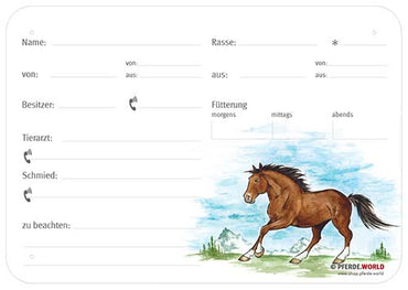 Boxenschild / Stalltafel Freiberger 300 x 210 mm mit Abstammung, Fütterung, Tierarzt und Schmied