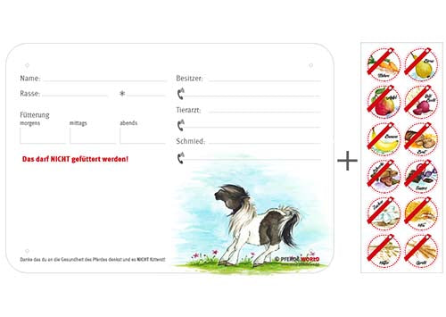 Boxenschild / Stalltafel mit Aufklebern für Fütterungsverbote Pony