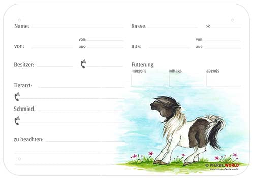 Boxenschild / Stalltafel Pony 300 x 210 mm mit Abstammung, Fütterung, Tierarzt und Schmied