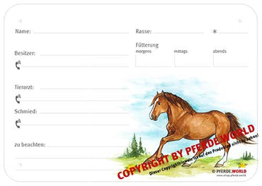 Boxenschild / Stalltafel Westfale 300 x 210 mm ohne Abstammung mit Fütterung, Tierarzt und Schmied