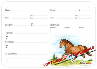 Boxenschild / Stalltafel Westfale 300 x 210 mm mit Abstammung, Fütterung, Tierarzt und Schmied