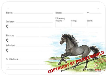Boxenschild / Stalltafel Vollblut 300 x 210 mm ohne Abstammung mit Fütterung, Tierarzt und Schmied