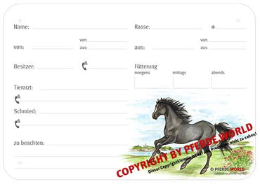 Boxenschild / Stalltafel Vollblut 300 x 210 mm mit Abstammung, Fütterung, Tierarzt und Schmied