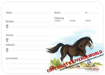 Boxenschild / Stalltafel Frederiksborger 300 x 210 mm ohne Abstammung mit Fütterung, Tierarzt und Schmied