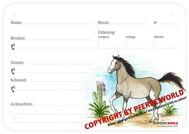Boxenschild / Stalltafel Criollo 300 x 210 mm ohne Abstammung mit Fütterung, Tierarzt und Schmied
