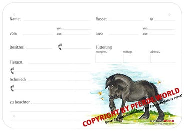Boxenschild Noriker 300 x 210 mm mit Abstammung, Fütterung, Tierarzt und Schmied