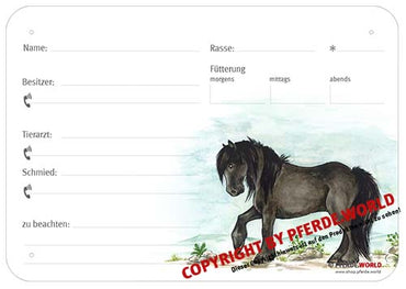 Boxenschild / Stalltafel Fell Pony 300 x 210 mm ohne Abstammung mit Fütterung, Tierarzt und Schmied