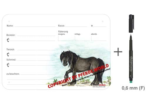 Boxenschild / Stalltafel Fell Pony 300 x 210 mm ohne Abstammung mit Fütterung, Tierarzt und Schmied