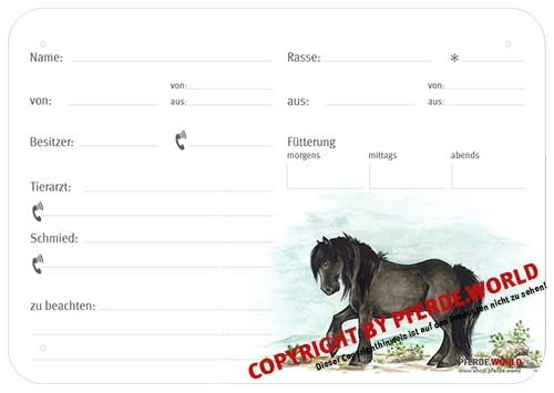 Boxenschild / Stalltafel Fell Pony 300 x 210 mm mit Abstammung, Fütterung, Tierarzt und Schmied