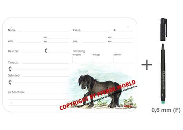 Boxenschild / Stalltafel Fell Pony 300 x 210 mm mit Abstammung, Fütterung, Tierarzt und Schmied