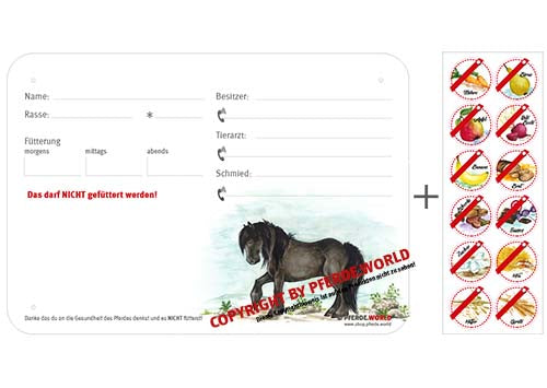 Boxenschild / Stalltafel mit Aufklebern für Fütterungsverbote Fell Pony