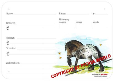Boxenschild Noriker 300 x 210 mm ohne Abstammung mit Fütterung, Tierarzt und Schmied