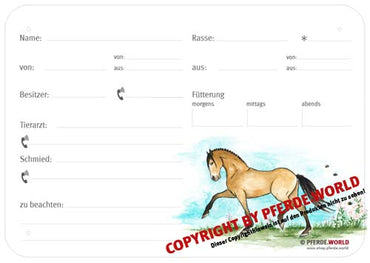 Boxenschild / Stalltafel Lusitano 300 x 210 mm mit Abstammung, Fütterung, Tierarzt und Schmied