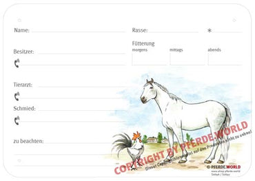Boxenschild / Stalltafel Warmblut 300 x 210 mm ohne Abstammung mit Fütterung, Tierarzt und Schmied