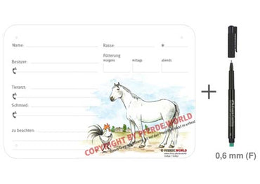 Boxenschild / Stalltafel Warmblut 300 x 210 mm ohne Abstammung mit Fütterung, Tierarzt und Schmied