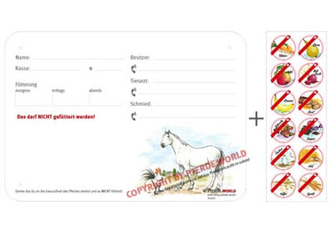 Boxenschild / Stalltafel mit Aufklebern für Fütterungsverbote Warmblut