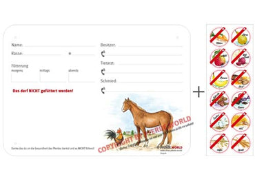 Boxenschild / Stalltafel mit Aufklebern für Fütterungsverbote Warmblut